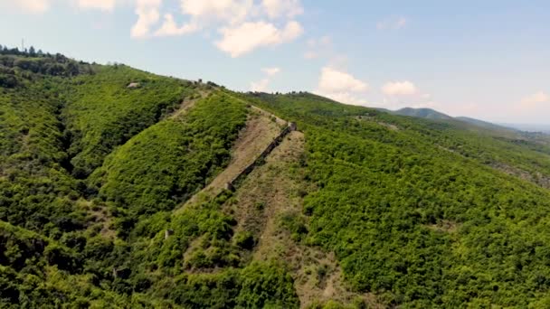 Vuelo aéreo hacia adelante a las paredes de la antigua fortaleza en la pequeña ciudad de Signagi, Georgia — Vídeo de stock