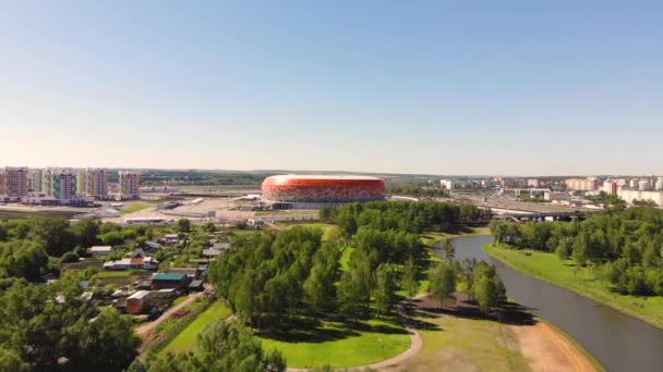 Aerial flight from park to stadium Mordovia Arena. Taken by drone at morning — Stock Video