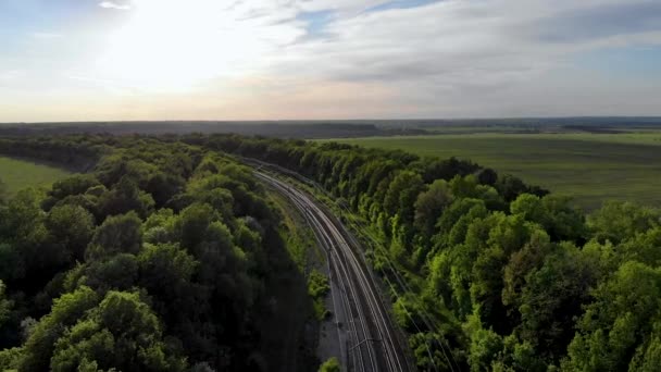 Voo aéreo sobre uma ferrovia vazia com linhas de energia. Tomado por drone ao pôr do sol — Vídeo de Stock