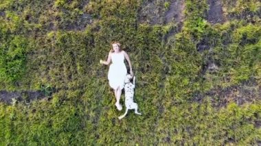 Güzel bir kız Dalmaçyalı köpeğiyle çimlere uzanıyor. İnsansız hava aracı tarafından çekiliyor.