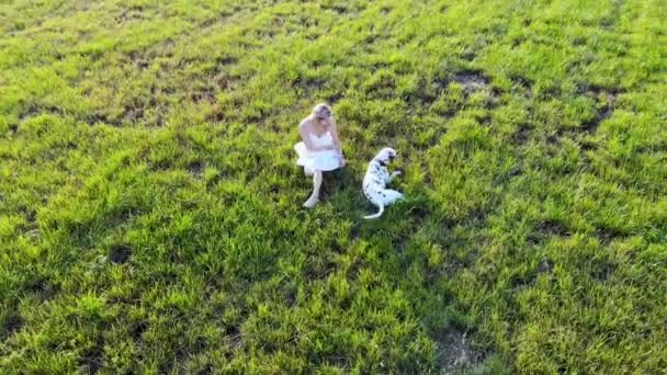 Uma menina bonita está descansando e brincando com seu cão dálmata. Tomado por drone — Vídeo de Stock