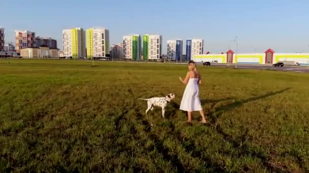 Belle fille en robe trains et nourrit son chien dalmate. Pris par drone — Video