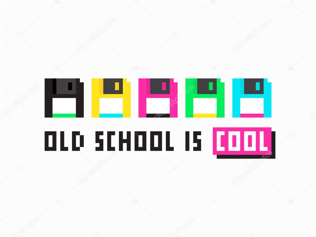 Old school background with retro colorful floppy disks in pixel art design.