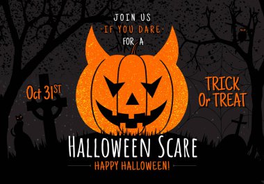 Cadılar bayramı balkabağı davetiye şablonu tipografiyle Eğer cesaretiniz varsa bize katılın - korkunç karanlık mezarlıkta yalnız bir Cadılar Bayramı Korkusu.