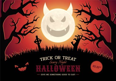 Cadılar Bayramı vektörü korkunç gece posteri. Şeytani ay, ölü ağaçlar, ot, haç, zombi eli, yarasalar ve tipografi..