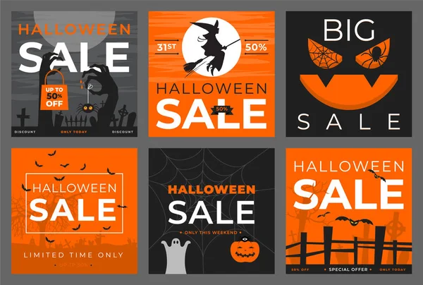 Vetor Cartaz Venda Halloween Conjunto Com Elementos Design Preto Laranja — Vetor de Stock