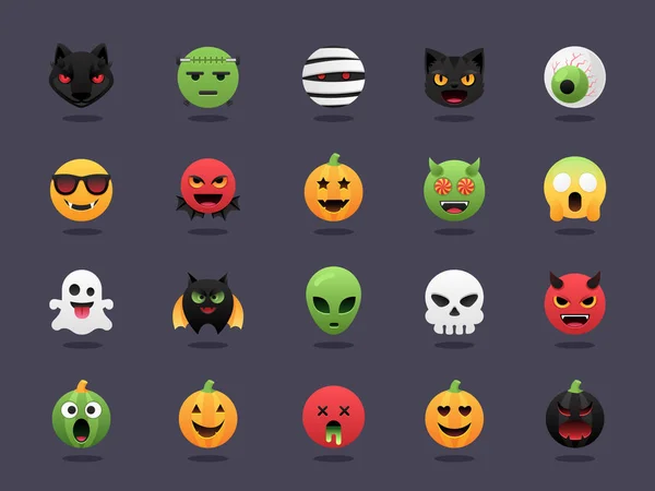 Großes Vektorset Von Emojis Halloween Emoticon Lustige Und Beängstigende Charaktergesichter — Stockvektor