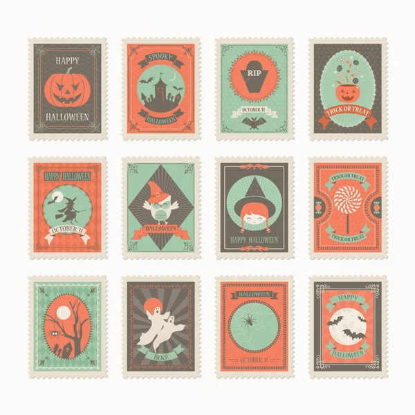 Highly Detailed Halloween Post Stamp Vector Set Retro Vintage Style — Stock vektor