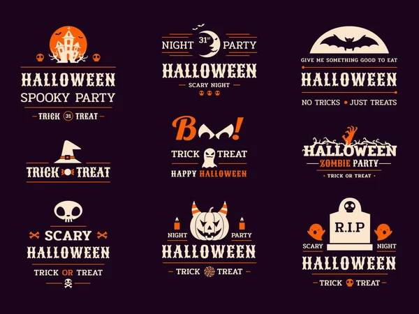 Halloween Celebração Tipografia Rótulos Vetor Definido Com Texto Símbolo Halloween — Vetor de Stock