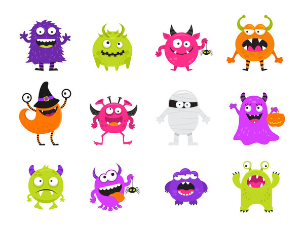 Colorful cute scary Halloween monsters vector icon set with some spiders.