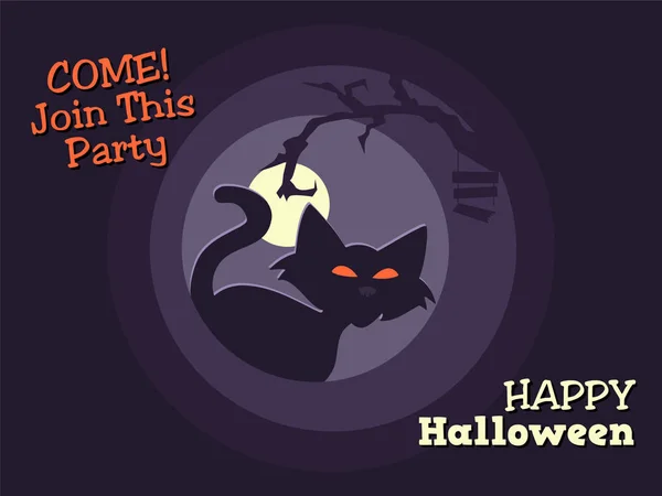 Halloween Plakat Oder Einladung Mit Schwarzer Katze Vollmond Und Schriftzug — Stockvektor