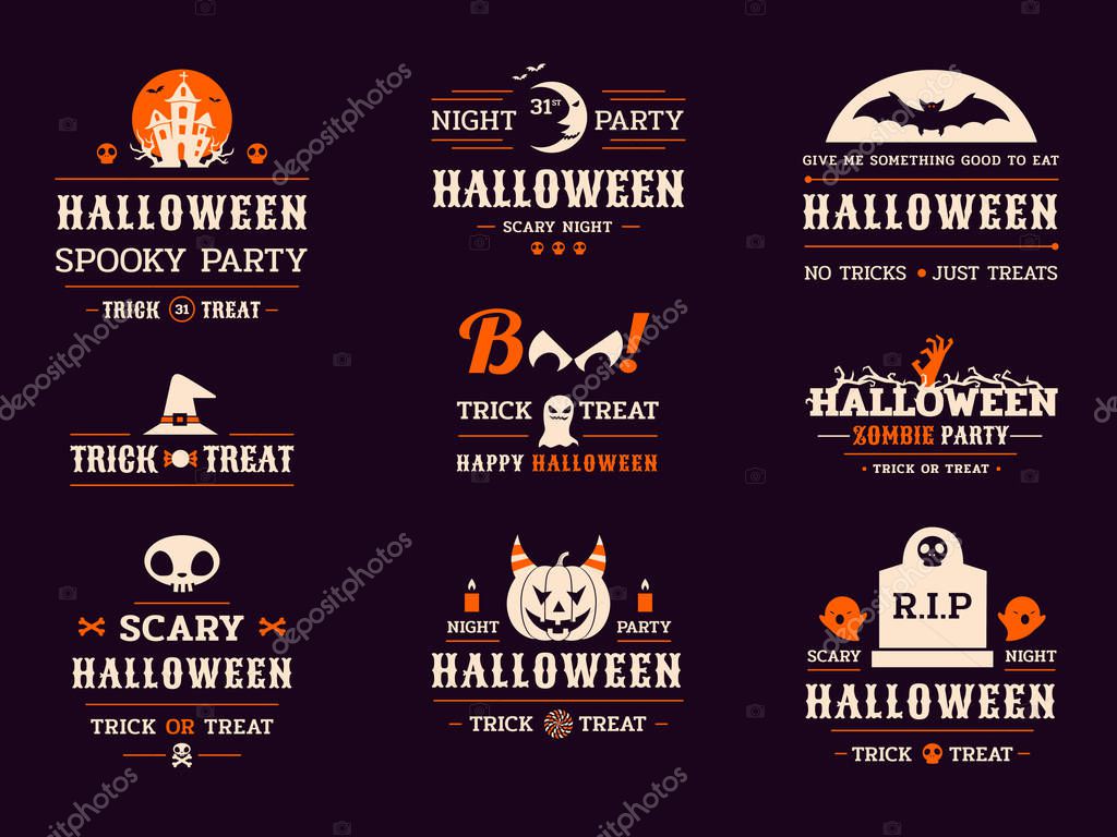 Halloween celebration typography labels vector set with text and halloween symbol such as ghosts, skulls, pumpkin, spooky house, bat, moon, zombie hand and gravestone. Isolated on dark background.