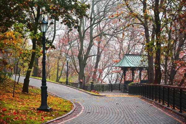 Walking Path Morning Foggy Park Autumn Background — Stock Photo, Image