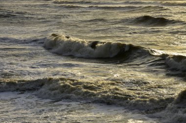 Gün batımında deniz dalgaları. Yaz güneşli arka plan.
