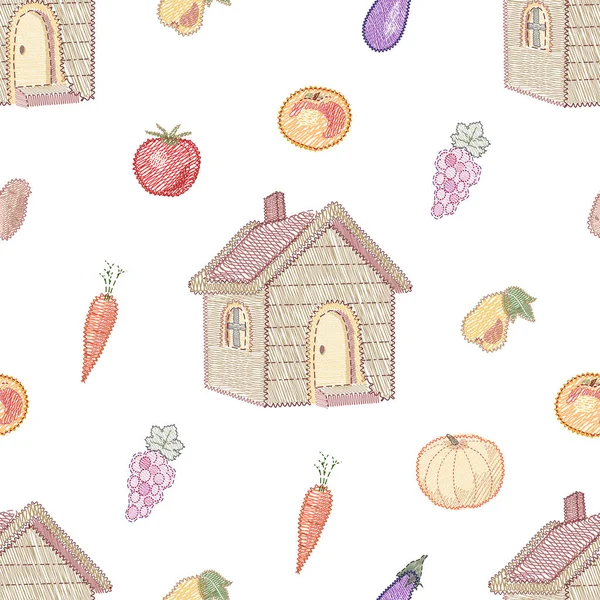 Öko Landhaus Mit Obst Und Gemüse Stickereistil Nahtloses Muster — Stockvektor