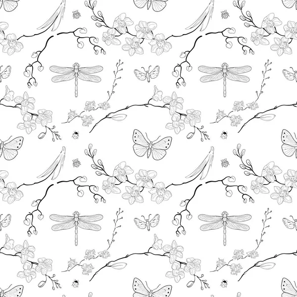Orchids Insects Hand Drawn Seamless Pattern Butterflies Dragonfly Ladybugs Engraving — Stock Vector