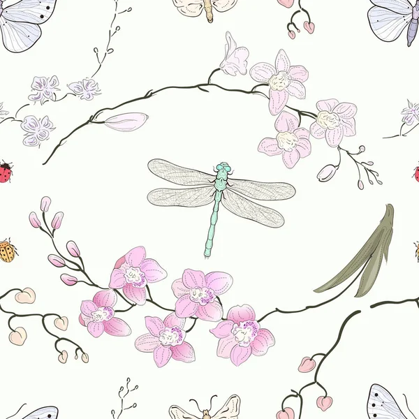 Ορχιδέες Και Έντομα Χέρι Συντάσσονται Χωρίς Ραφή Πρότυπο Πεταλούδες Dragonfly — Διανυσματικό Αρχείο