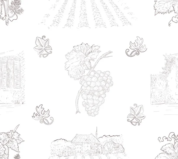 手描きブドウとブドウ園シームレスなパターン ヴィンテージ彫刻スタイル — ストックベクタ