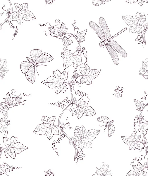 Hand Drawn Vine Insects Seamless Pattern Vintage Engraving Style — Stock Vector