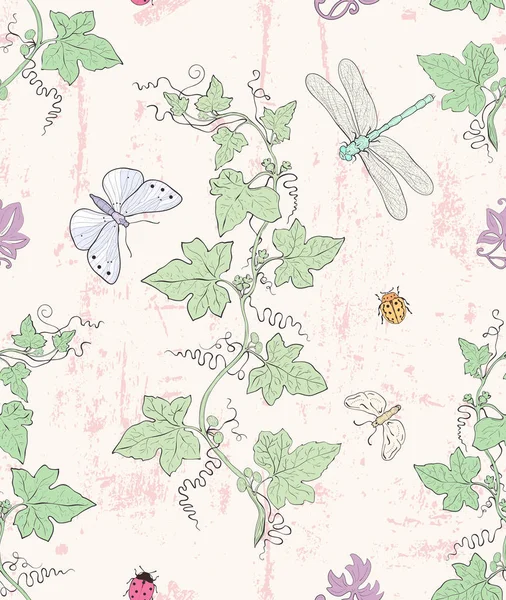 ブドウや昆虫のシームレスなパターン — ストックベクタ