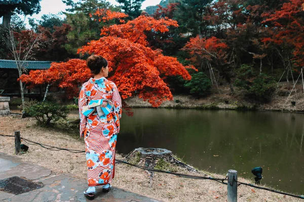 Mulher Asiática Virou Costas Câmera Olhando Árvore Outono Lagoa Natureza — Fotografia de Stock
