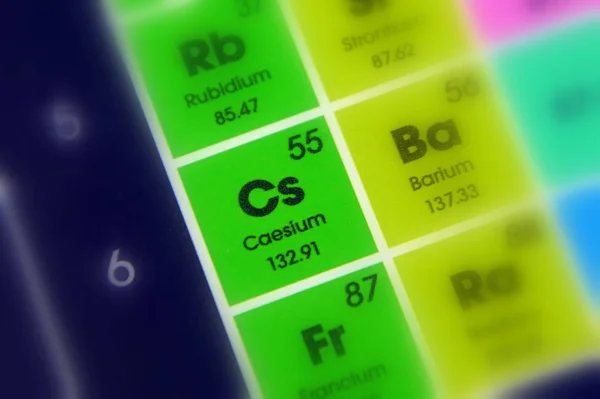 Chemical element Caesium with the symbol Cs and atomic number 55.