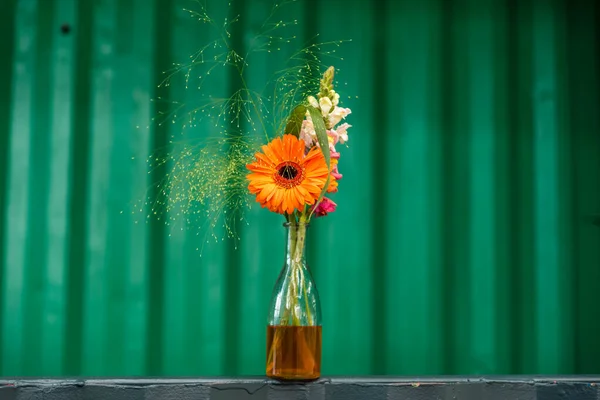 Bouquet avec gerbera orange sur fond vert en eau orange — Photo