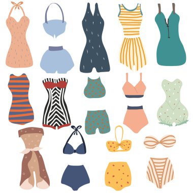 Büyük bir klasik iç çamaşırı ve mayo seti. El çizimi renkli yaz koleksiyonu: şirin mayo, bikini.