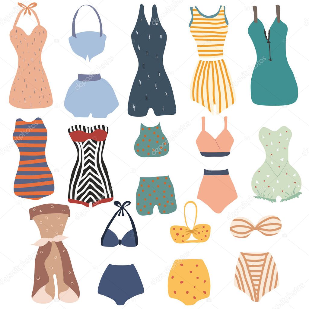 Big vector set of vintage lingerie and swimsuits. Hand drawn colored retro summer collection: cute swimsuit, bikini.