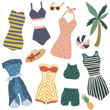 Büyük takım elbise ve mayolar. Retro yaz koleksiyonu: bikini, şapka, top, güneş gözlüğü, ananas