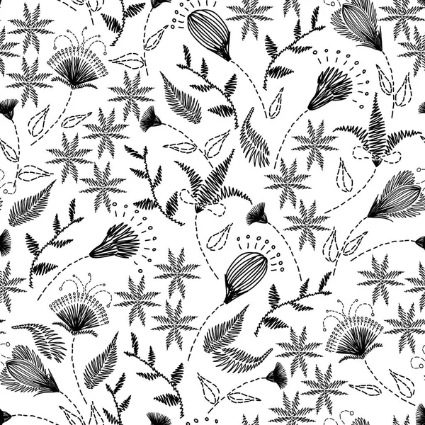 Einfarbige florale Stickerei mit nahtlosem Muster. Skizzieren Sie handgezeichnete botanische Motive. Gekritzelte Linie, Gedankenstrich Gartenblumen — Stockvektor