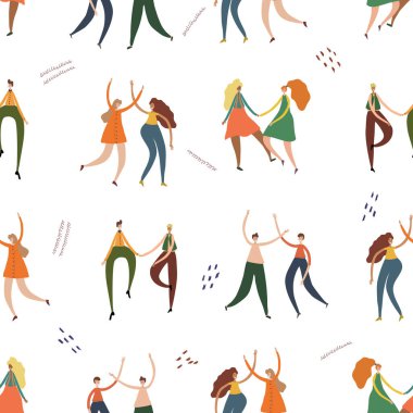 Genç dansçılar kusursuz bir şekilde çiftleşiyorlar. Beyaz üzerine izole edilmiş mutlu erkek ve kadın dansçılar. Gülümseyen erkekler ve kadınlar