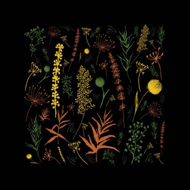 Üzerinde çizim bitkileri olan tebrik kartı. Siluet çiçekleri, dallar ve yapraklar. Renkli vektör illüstrasyonu. 