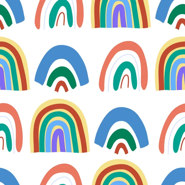 Abstraktes, nahtloses Muster mit kritzelnden Regenbögen. Handzeichnung fantastischer bunter Regenbogen im Zeichenstil für Kinder — Stockvektor