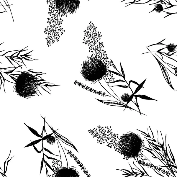 Silhouetten Herbarium monochromen floralen nahtlosen Muster. Wilde Äste, Blätter, Blumen. — Stockvektor