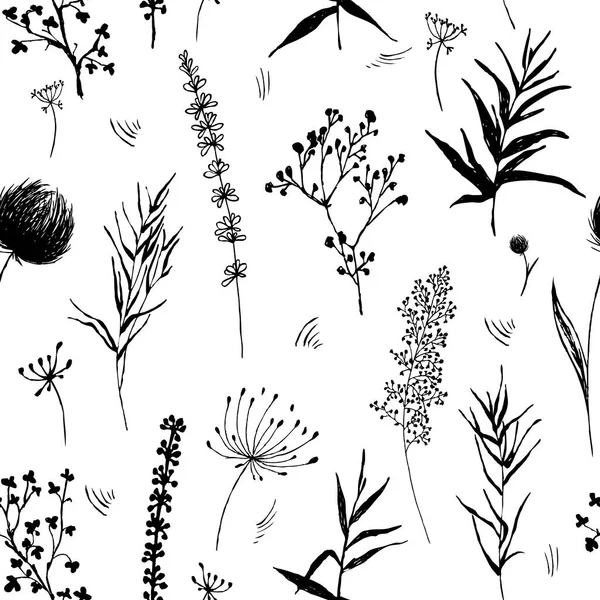 Blühen florales nahtloses Muster. Blühende botanische Motive, zufällig verstreut. Monochromes Vektormuster. Ditsy Print — Stockvektor