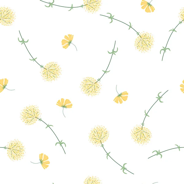 Dibujo a mano botánico patrón sin costura. Ramas con flores y hojas. Diente de león dibujado a mano sobre fondo blanco — Archivo Imágenes Vectoriales