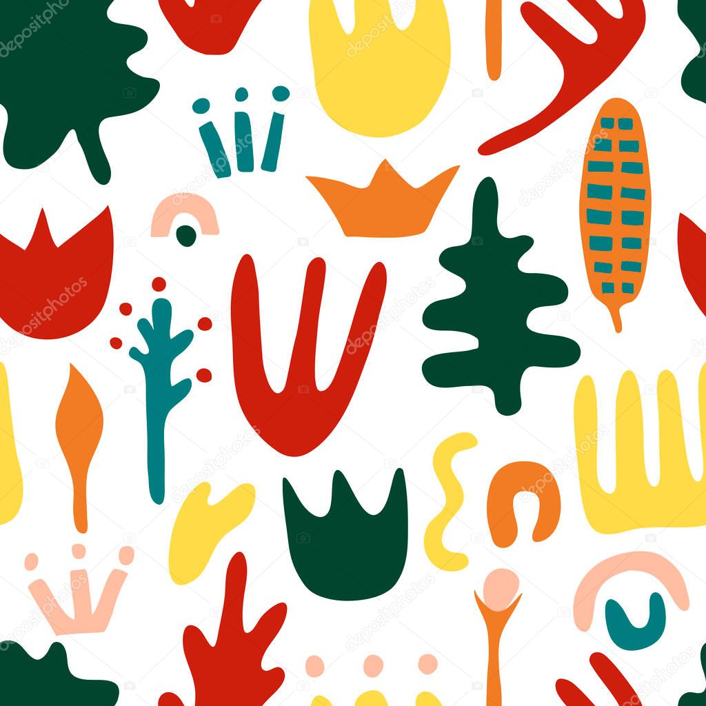 Seamless pattern hand drawn shapes. Nature doodle elements and objects. Abstract color various leaves and flowers. 
