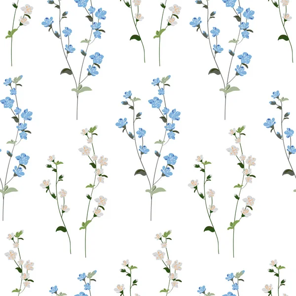 Ботанический ручной рисунок бесшовный рисунок. Ветви с цветами и листьями. Ручной рисунок голубые и серые цветы — стоковый вектор