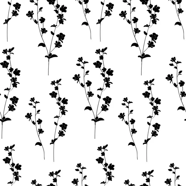 Trendige Schwarz-Weiß-Vektortextur. Monochromes florales nahtloses Muster. Handgezeichnete Wildblumen und Blätter — Stockvektor