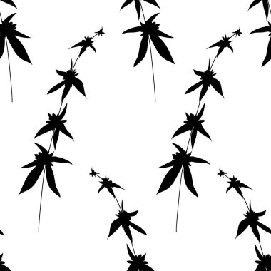 Tek krom çiçekli, dikişsiz desen. El çizimi siluet yabani çiçekler ve yapraklar beyaz arka plana saçılmış.