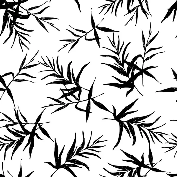 Botanische Skizze zeichnet nahtlose Muster. Zweige mit zufällig verstreuten Blättern. Abstrakte monochrome Vektortextur. — Stockvektor