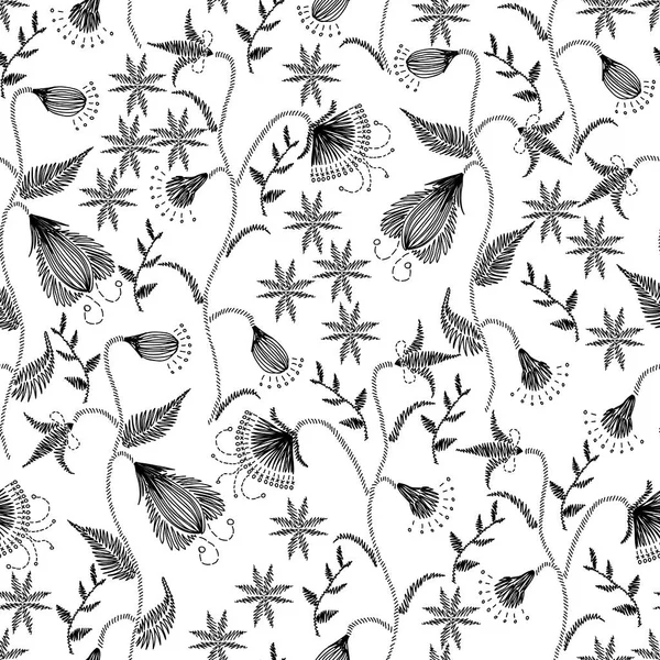 Einfarbige florale Stickerei mit nahtlosem Muster. Skizzieren Sie handgezeichnete botanische Motive. Gekritzelte Linie, Gedankenstrich Gartenblumen — Stockvektor