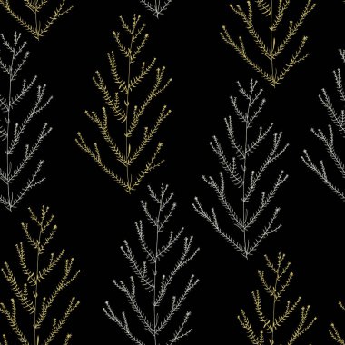 Özet olarak çiçekli, dikişsiz desen. Dikey şeritte çiçek açan botanik motifler. Modern çizgi vektör dokusu. 