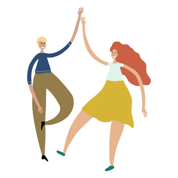 Fiatal táncosok. Boldog pár férfi és női táncosok. Mosolygó férfiak és nők élvezik a tánc party. — Stock Vector