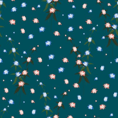 Çiçeklerin dikişsiz deseni. Renkli vektör dokusu. Mavi arka planda el çizimi küçük çiçekler.
