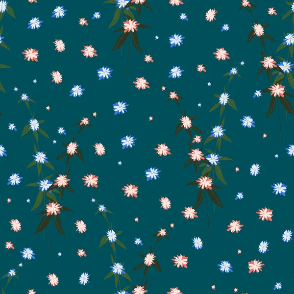 Çiçeklerin dikişsiz deseni. Renkli vektör dokusu. Mavi arka planda el çizimi küçük çiçekler.