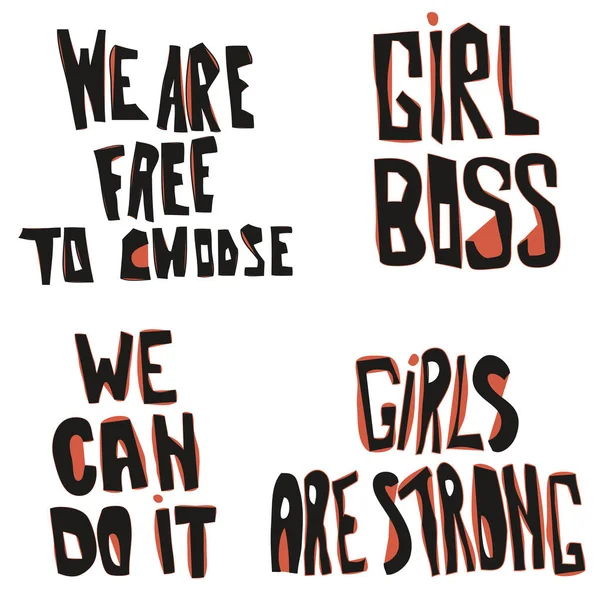 Conjunto de citações feministas inspiradoras. Letras originais desenhadas à mão. Cartaz de modelo. Chefe, nós conseguimos. — Vetor de Stock