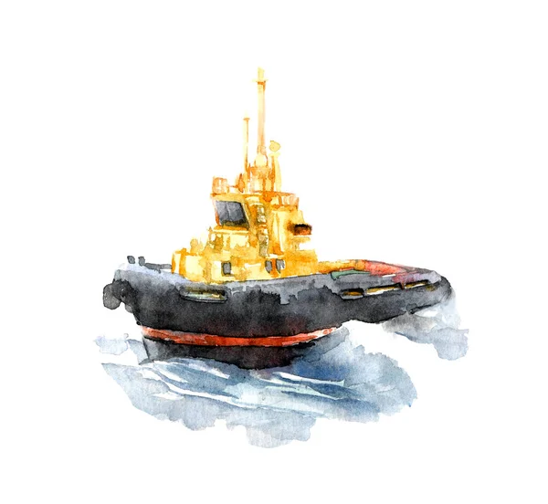 Port Marine Tugboat Black Dampers Wake Waves Color Illustration Isolated — Stock Photo, Image