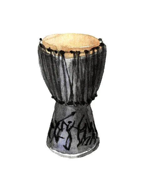 rhythmic music instrument, african & arabic drum, black djembe with traditional ornament, color illustration isolated on white background in watercolor technique, hand drawn style